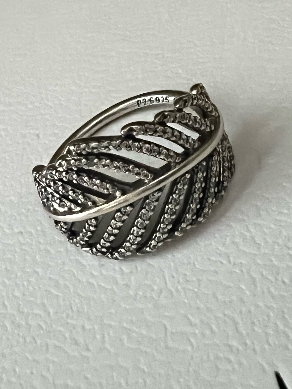 Pandora Silver Feather Ring with Clear Stones